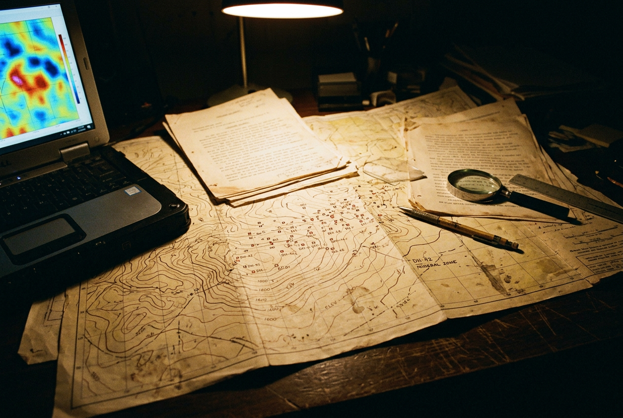 Historical exploration maps and typed reports on a desk beside a laptop showing a geophysics image